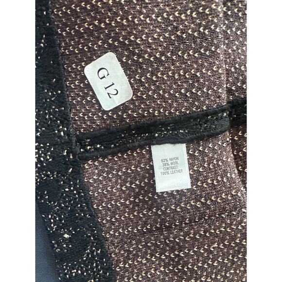 St John Couture Tweed wool Blazer Jacket Size 12 Black Leather Trim  button Knit - Picture 9 of 11